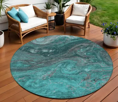 8' Teal Blue Aqua And Gray Round Abstract Washable Indoor Outdoor Area Rug