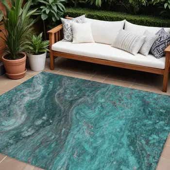 8' X 10' Teal Blue Aqua And Gray Abstract Washable Indoor Outdoor Area Rug