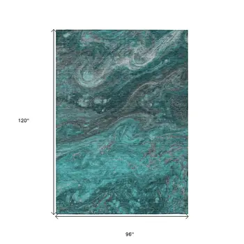 8' X 10' Teal Blue Aqua And Gray Abstract Washable Indoor Outdoor Area Rug