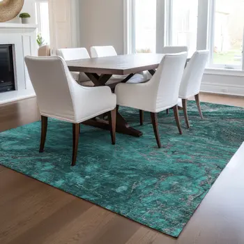 8' X 10' Teal Blue Aqua And Gray Abstract Washable Indoor Outdoor Area Rug