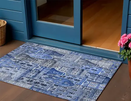 3' X 5' Navy Blue And Sky Blue Village Houses Washable Indoor Outdoor Area Rug