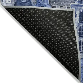 5' X 8' Navy Blue And Sky Blue Village Houses Washable Indoor Outdoor Area Rug