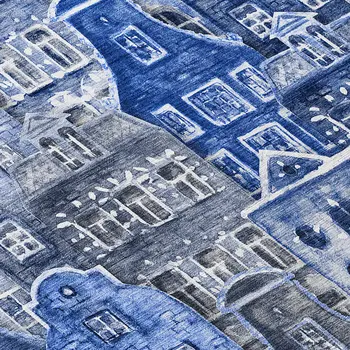 5' X 8' Navy Blue And Sky Blue Village Houses Washable Indoor Outdoor Area Rug