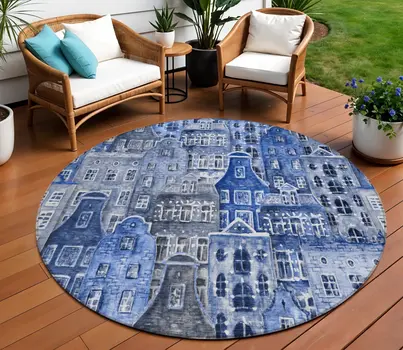 8' Navy Blue And Sky Blue Round Village Houses Washable Indoor Outdoor Area Rug