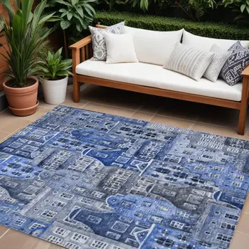 9' X 12' Navy Blue And Sky Blue Village Houses Washable Indoor Outdoor Area Rug