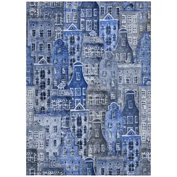 10' X 14' Navy Blue And Sky Blue Village Houses Washable Indoor Outdoor Area Rug