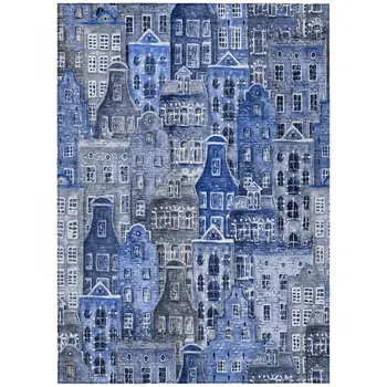 10' X 14' Navy Blue And Sky Blue Village Houses Washable Indoor Outdoor Area Rug