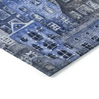 10' X 14' Navy Blue And Sky Blue Village Houses Washable Indoor Outdoor Area Rug