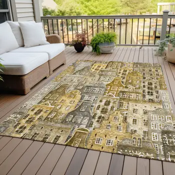 3' X 5' Brown Taupe And Gold Village Houses Washable Indoor Outdoor Area Rug