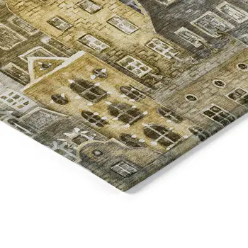 3' X 5' Brown Taupe And Gold Village Houses Washable Indoor Outdoor Area Rug