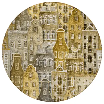 8' Brown Taupe And Gold Round Village Houses Washable Indoor Outdoor Area Rug