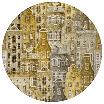 8' Brown Taupe And Gold Round Village Houses Washable Indoor Outdoor Area Rug