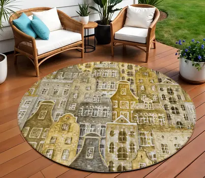 8' Brown Taupe And Gold Round Village Houses Washable Indoor Outdoor Area Rug