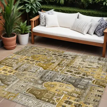 9' X 12' Brown Taupe And Gold Village Houses Washable Indoor Outdoor Area Rug