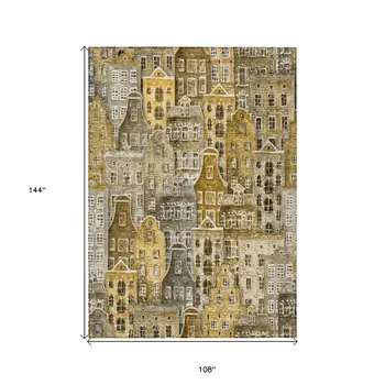 9' X 12' Brown Taupe And Gold Village Houses Washable Indoor Outdoor Area Rug