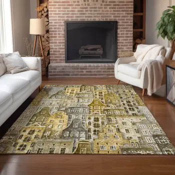 9' X 12' Brown Taupe And Gold Village Houses Washable Indoor Outdoor Area Rug