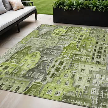 5' X 8' Green And Lime Green Village Houses Washable Indoor Outdoor Area Rug