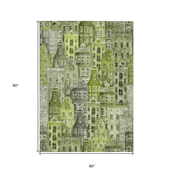 5' X 8' Green And Lime Green Village Houses Washable Indoor Outdoor Area Rug