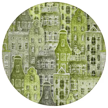 8' Green And Lime Green Round Village Houses Washable Indoor Outdoor Area Rug