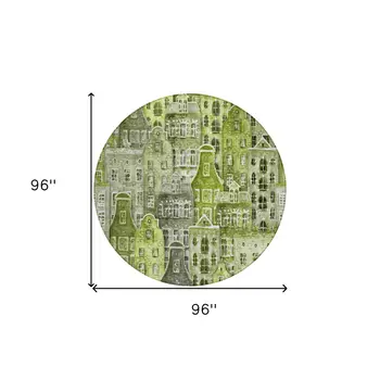 8' Green And Lime Green Round Village Houses Washable Indoor Outdoor Area Rug