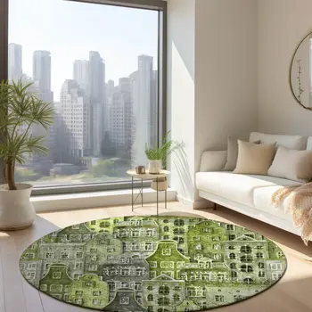 8' Green And Lime Green Round Village Houses Washable Indoor Outdoor Area Rug