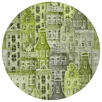 8' Green And Lime Green Round Village Houses Washable Indoor Outdoor Area Rug