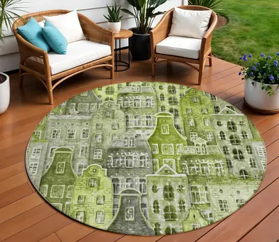 8' Green And Lime Green Round Village Houses Washable Indoor Outdoor Area Rug