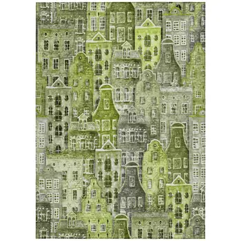 8' X 10' Green And Lime Green Village Houses Washable Indoor Outdoor Area Rug