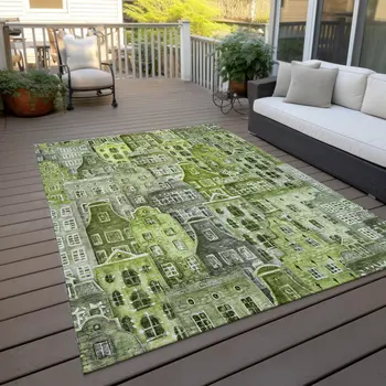 8' X 10' Green And Lime Green Village Houses Washable Indoor Outdoor Area Rug