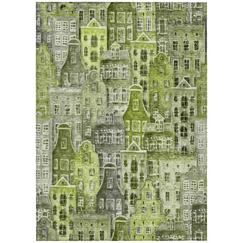 8' X 10' Green And Lime Green Village Houses Washable Indoor Outdoor Area Rug