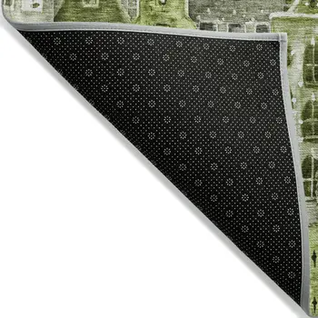 8' X 10' Green And Lime Green Village Houses Washable Indoor Outdoor Area Rug