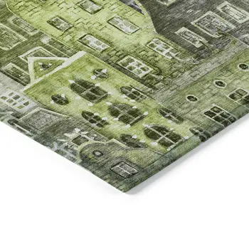 8' X 10' Green And Lime Green Village Houses Washable Indoor Outdoor Area Rug
