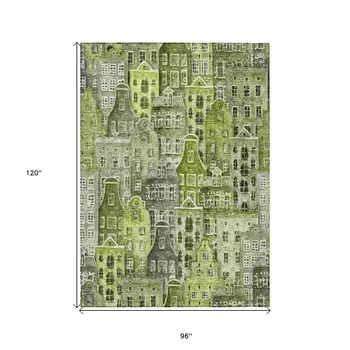 8' X 10' Green And Lime Green Village Houses Washable Indoor Outdoor Area Rug