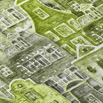 8' X 10' Green And Lime Green Village Houses Washable Indoor Outdoor Area Rug