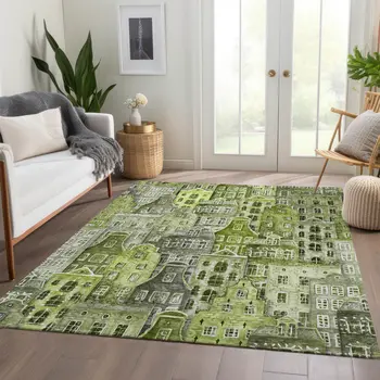8' X 10' Green And Lime Green Village Houses Washable Indoor Outdoor Area Rug