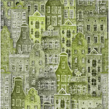 9' X 12' Green And Lime Green Village Houses Washable Indoor Outdoor Area Rug