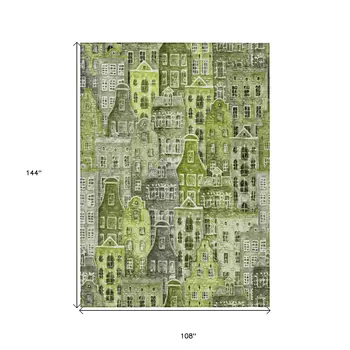 9' X 12' Green And Lime Green Village Houses Washable Indoor Outdoor Area Rug