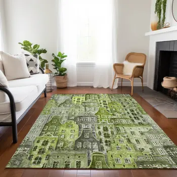 10' X 14' Green And Lime Green Village Houses Washable Indoor Outdoor Area Rug