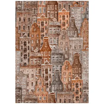 3' X 5' Orange Copper And Salmon Village Houses Washable Indoor Outdoor Area Rug