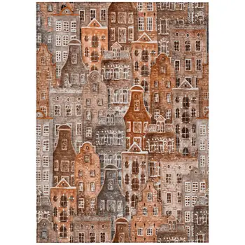 3' X 5' Orange Copper And Salmon Village Houses Washable Indoor Outdoor Area Rug