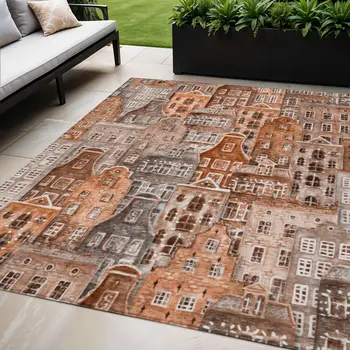 5' X 8' Orange Copper And Salmon Village Houses Washable Indoor Outdoor Area Rug