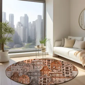 8' Orange Copper And Salmon Round Village Houses Washable Indoor Outdoor Area Rug