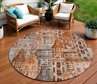 8' Orange Copper And Salmon Round Village Houses Washable Indoor Outdoor Area Rug