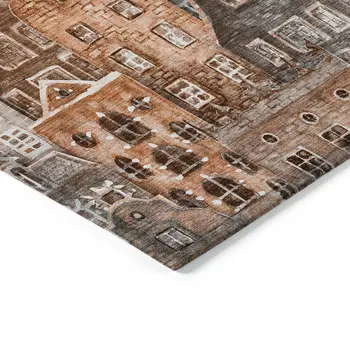 8' X 10' Orange Copper And Salmon Village Houses Washable Indoor Outdoor Area Rug