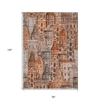 8' X 10' Orange Copper And Salmon Village Houses Washable Indoor Outdoor Area Rug