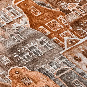 8' X 10' Orange Copper And Salmon Village Houses Washable Indoor Outdoor Area Rug