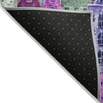 3' X 5' Purple Lilac And Green Village Houses Washable Indoor Outdoor Area Rug