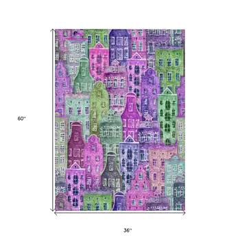 3' X 5' Purple Lilac And Green Village Houses Washable Indoor Outdoor Area Rug