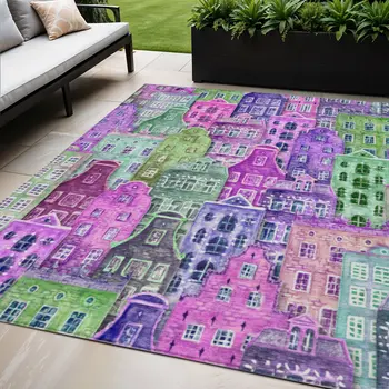 5' X 8' Purple Lilac And Green Village Houses Washable Indoor Outdoor Area Rug