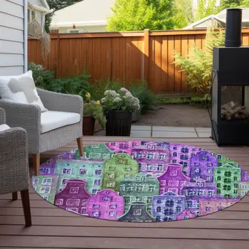 8' Purple Lilac And Green Round Village Houses Washable Indoor Outdoor Area Rug